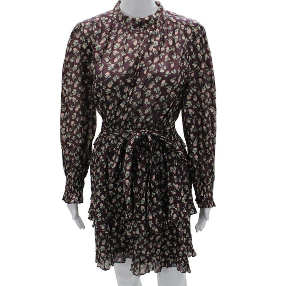 La Vie Women Fit & Flare Purple Floral Cotton High Neck Tie Short Dress Size M